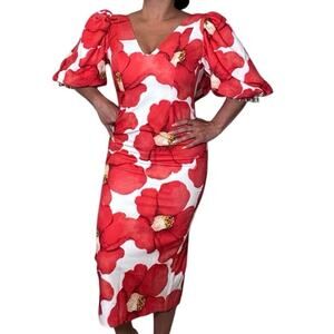 Ivory Atelier Red Floral Puff Sleeve Midi Dress Size M Romantic Cottagecore